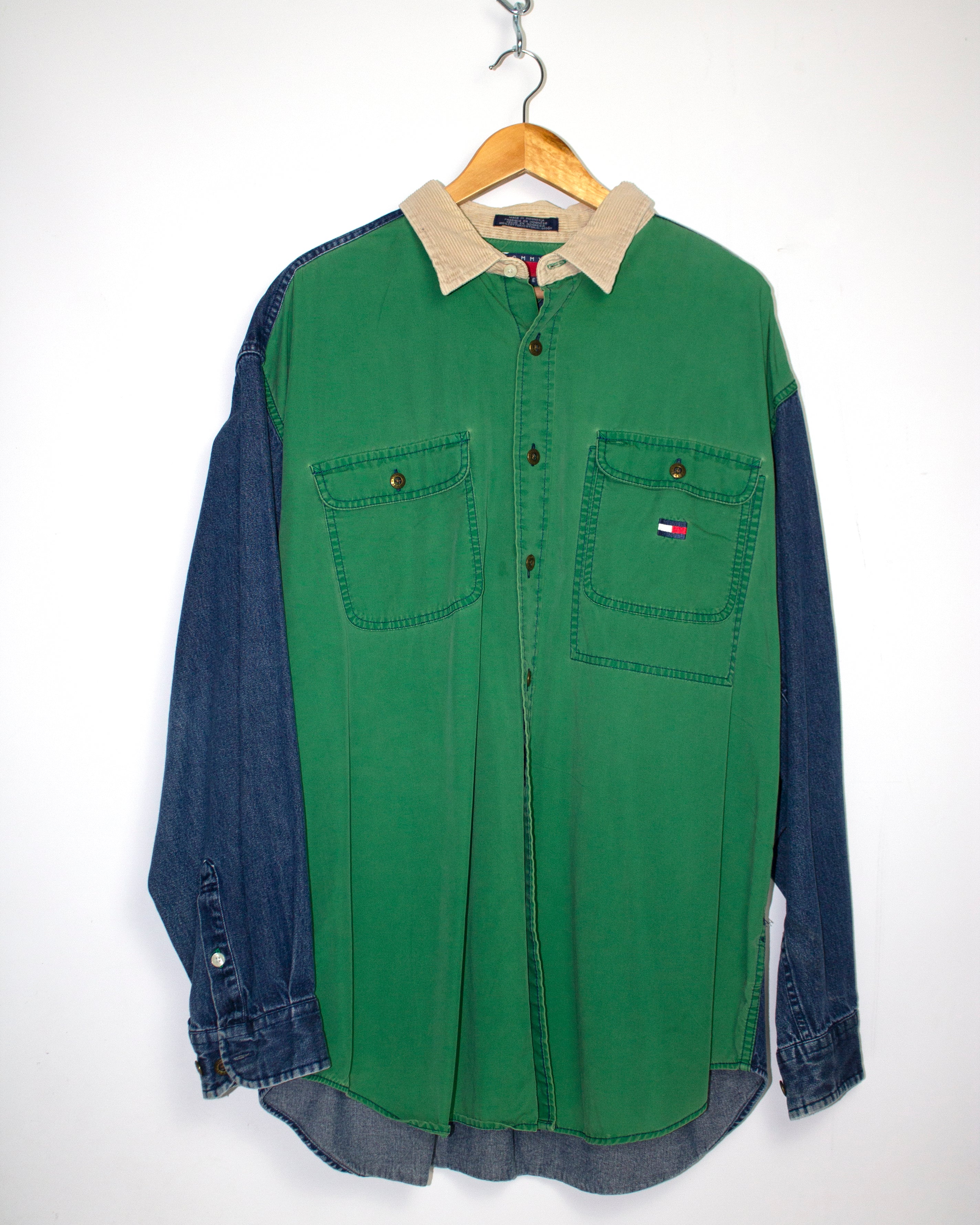 Vintage Tommy Hilfiger Denim Color Block Long Sleeve Button Down Shirt Sz L